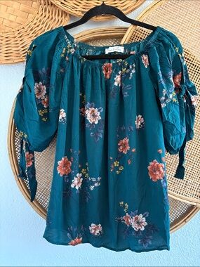 Bohemian Floral Off-Shoulder Tunic in Teal